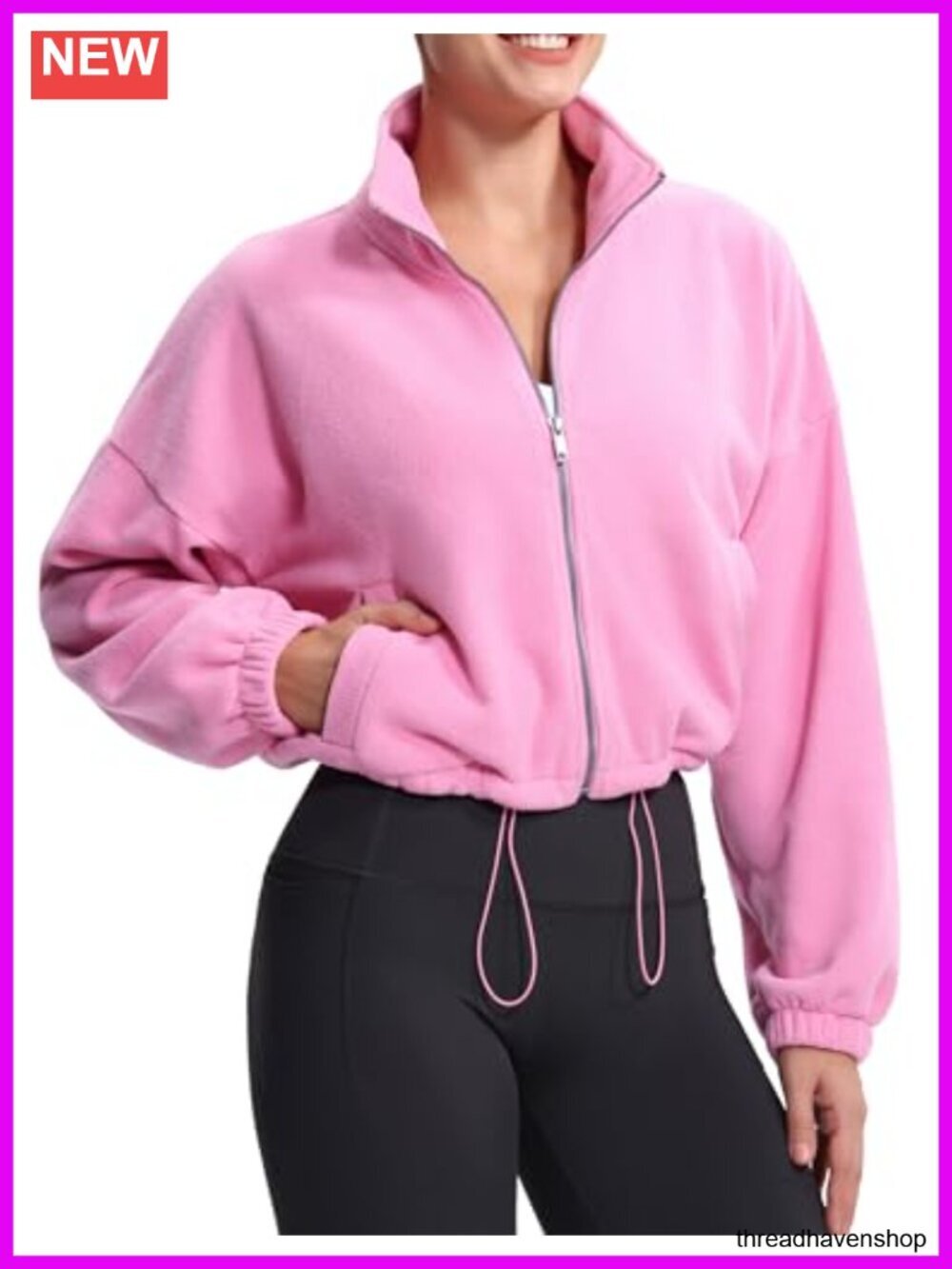 Cropped Fleece Jacket Full Zip Sherpa with Drawstring Hem and Pockets